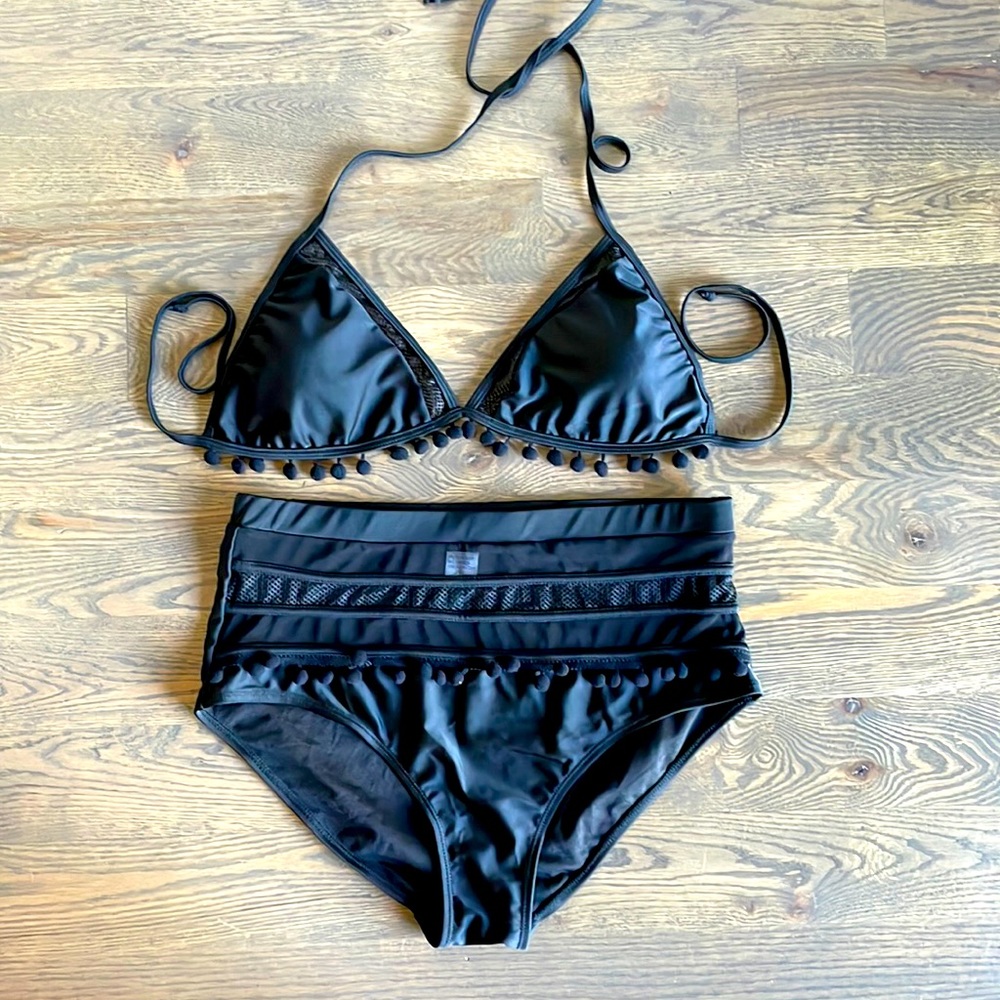 High Waisted Black Triangle Bikini with Pom Poms and Mesh Detail XL Fits Like L